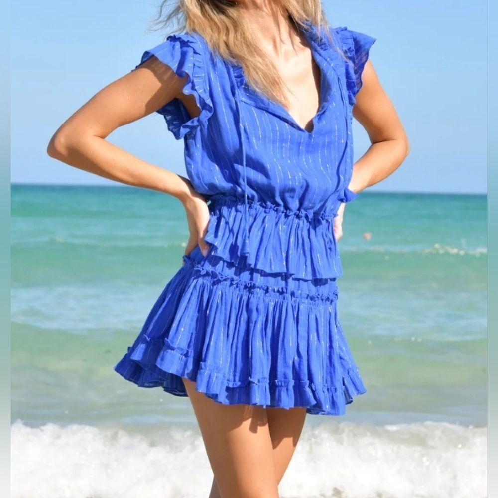 $370 NEW MISA LOS ANGELES BLUE SILVER MINI LILIAN DRESS STRETCH WAIST LARGE NWT